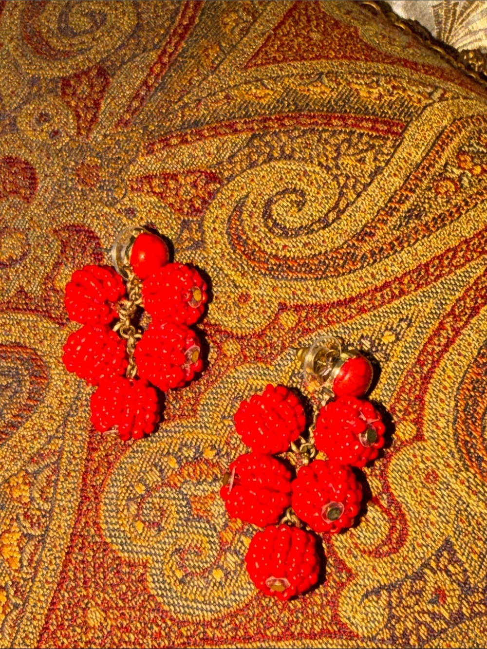 Red Beaded Cluster Drop Earrings pierced post red bead